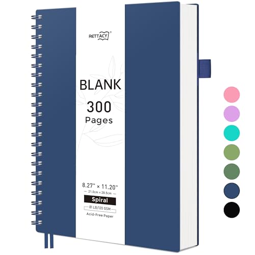 RETTACY Blank Journal Notebook, 300 Pages, A4 Large Size (8.2'' x 11.2''), 120 GSM Thick Paper, Flexible Plastic Cover, Spiral-bound, for Sketching, Drawing, Painting (Navy Blue) - color: Navy Blue