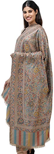 Exotic India Jamawar Shawl with Woven Flowers in Multicolored Thread