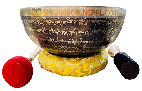 11" Healing Mantra Carved Buddha Root C Note Tibetan Singing Bowl, Hand Hammered Nepal Yoga Singing Bowls with Cushion & Mallet Striker