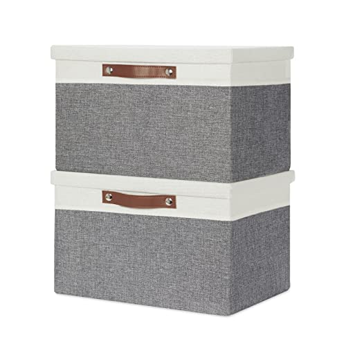 Temary Collapsible Storage Bins Storage Boxes with lid, 2 Pack Storage Baskets with Lid Organizing Clothes, Decorative Organizer Bins with Handles (White&Gray, 15x11x9.5inch) - color: White&Grey, size: 15×11×9.5