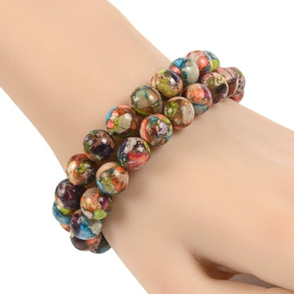 Justinstones Gem Semi Precious Gemstone 10mm Round Beads Stretch Bracelet 7 Inch Unisex - color: Dyed Multicolor Sea Sediment Jasper