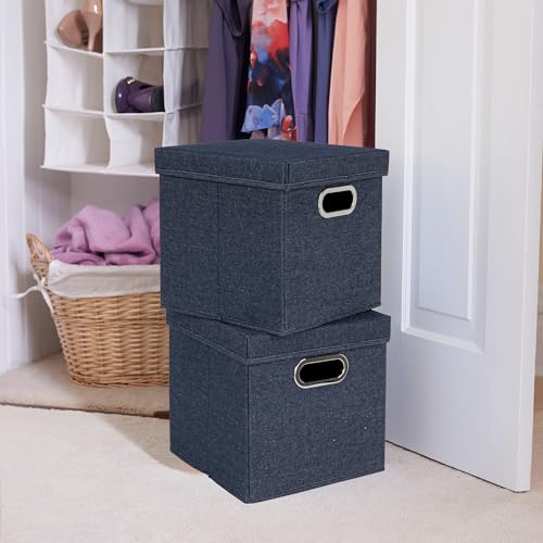 Household Essentials Collapsible Cotton Blend Cube Storage Box with Lid and Metal Grommet Handle, Set of 2, Denim - color: Denim
