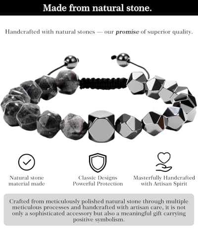 Beaded Bracelet for Men, 10mm Natural Stones Bracelet for Men's Gift, Adjustable Precision-Cut Gemstone Crystal Healing Bracelet, Protection Jewelry Gift with Hematite, Tiger Eye - style: Black Labradorite & Hematite