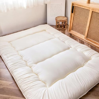 MAXYOYO Japanese Floor Futon Queen Size, Thicken Tatami Mat Sleeping Pad Foldable Roll Up Mattress Trifold Pad Guest Mat, Off White - color: Off White, size: Queen
