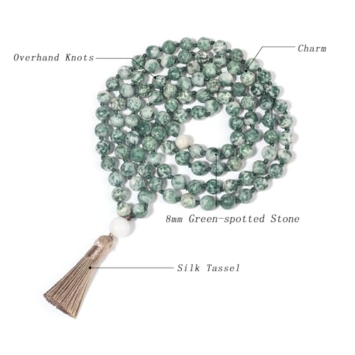 8MM Beads Chakra Long Mala Necklace Natural Stone Meditation Statement Necklace Japa Yoga Buddhist Rosary Prayer Charm Beaded Tassel Necklace - color: Green-spotted stone