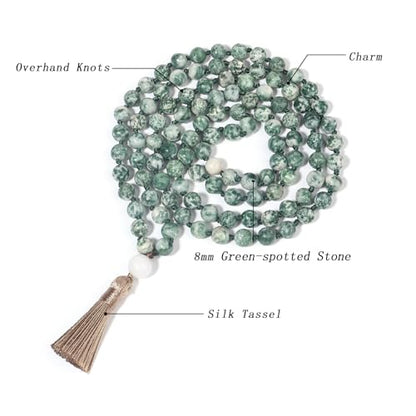 8MM Beads Chakra Long Mala Necklace Natural Stone Meditation Statement Necklace Japa Yoga Buddhist Rosary Prayer Charm Beaded Tassel Necklace - color: Green-spotted stone