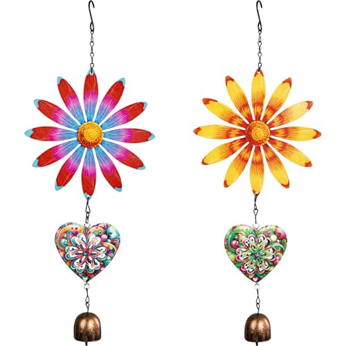 Metal Flowers Hanging Decor, Flower Wind Chime Bell Hanging Decor for Outdoor Garden Yard Doors Walls Living Rooms Bedrooms, 2 Pack (Flower-a-Heart) - style: flower-a-heart