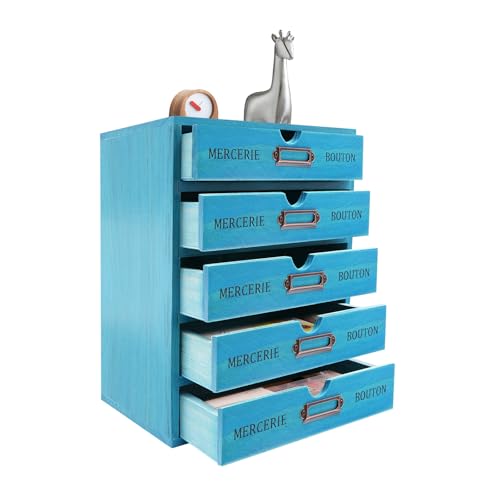 5 Drawers Box Organizer Wooden Functional Storage Case Small things Holder Box 5 Layers Desktop Drawer Organizer Portable Drawers Compartments Cabinet for Home Bedroom - color: Blue