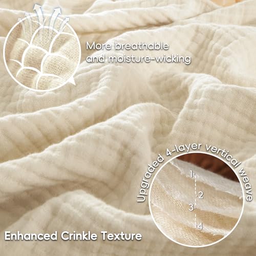PHF 100% Cotton Muslin Blanket King Size 108"x90", 4-Layer Lightweight Gauze Throw, Breathable Cloud-Soft Minimalist Blanket for Bed, Couch, Camping, Beige/Short Bread, Ideal Gift