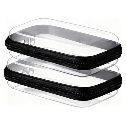 2PC Black Small Clear Hard Shell Zipper Case, Double Zippers Plastic Storage Box for Snacks Makeup Toiletries & Cosmetic Tools