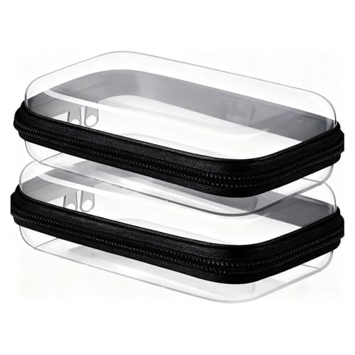2PC Black Small Clear Hard Shell Zipper Case, Double Zippers Plastic Storage Box for Snacks Makeup Toiletries & Cosmetic Tools