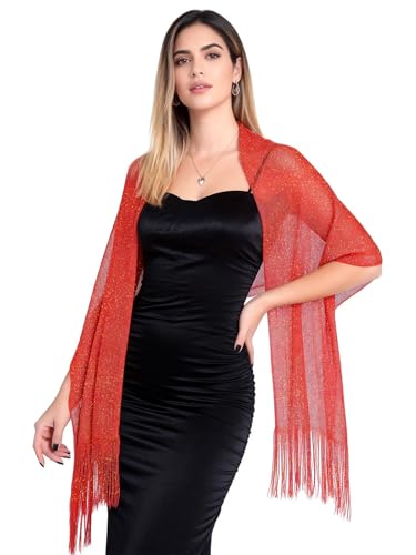 Sumolux Shawls Wraps for Evening Dresses Metallic Glitter Shawls Scarf for Women Sparkling Wedding with Free Buckle - color: Red