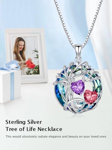TOUPOP s925 Sterling Silver Family Celtic Tree of Life Pendant Necklaces with 2 Heart Birthstone with Blue Austrian Crystal Jewelry Birthday Valentines Day Gifts for Her, Anniversary Christmas Gifts for Wife Girlfriend Mom (18K Real White Gold Filled) - c