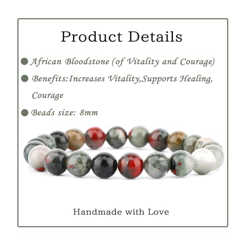 Bymitel Handmade Reiki Gemstone Stretch Bracelet, 4/6/8mm Natural Beauty & Spiritual Essence, Crystal Healing for Unisex Adults - color: African Bloodstone（ Stone of Vitality and Courage ）, size: 8mm