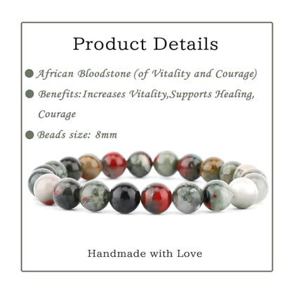 Bymitel Handmade Reiki Gemstone Stretch Bracelet, 4/6/8mm Natural Beauty & Spiritual Essence, Crystal Healing for Unisex Adults - color: African Bloodstone（ Stone of Vitality and Courage ）, size: 8mm