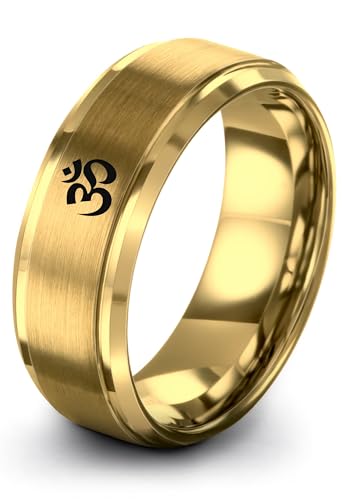 Yoga Om Symbol Ring - Gift for Meditation Fan - Personalized Custom Engraving - Anniversary Wedding - 8mm - Band - Brushed Polished - Tungsten - Flat Dome Bevel - Men Women - Yellow Rose Gold Silver - color: 11 - Yellow Gold Tungsten