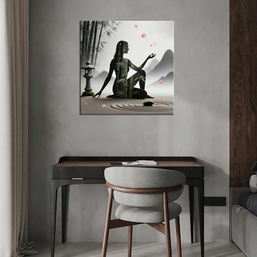 TLZKHTS Zen Bamboo and Stone Canvas Wall Deocr Framed Zen Stone Painting Picture Poster Canvas Painting Gifts for Office Living Room Becroom Bar Deocr (T-24,18.00L X 18.00W,Framed) - color: T-24, size: 18.00L" X 18.00W''
