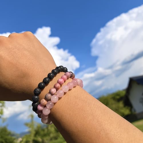 4mm 6mm 8mm Healing Crystal Bracelets for Women Men Natural Stone Beaded Stretch Bracelet Handmade Gemstone Reiki Spiritual Jewelry Gifts - color: Rose Quartz+Lava+Pink Zebra-Stress Relief, size: 8mm