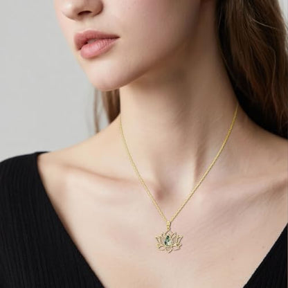 Lotus Necklaces for Women 925 Sterling Silver 7 Chakra/Yin Yang Pendant Necklace Spiritual Lotus Jewelry Birthday Yoga Gifts - style: Gold Moss Agate-Lotus
