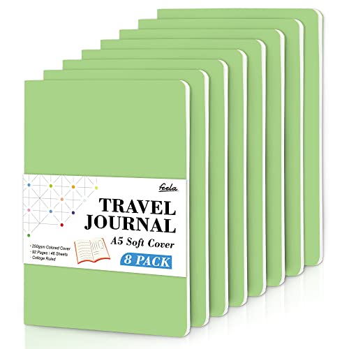 feela 8 Pack Soft Cover Journal Bulk, Notebooks College Ruled for Work, Lined Travel Journal for Women Men, Note Taking Notebook School Supplies Business Writing, 8.2” x 5.5”, A5, Light Green - color: 8 Light Green