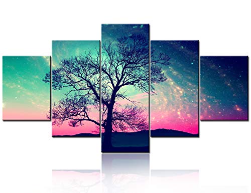 Large 5 Piece Starry Space Canvas Wall Art,Abstract Tree Landscape Home Decor,Nature Landscape Picture Art,Canvas Prints,Autumn Forest Wall Decoration for Living Room Ready to Hang - 60"W x 32"H - color: Artwork-09, size: 60"W x 32"H