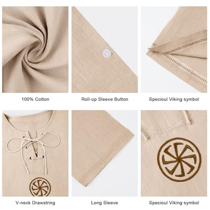 Men's Fashion Cotton Linen Shirt Long Sleeve Solid Color Ethnic Beach Yoga Top - color: Khaki, size: Large