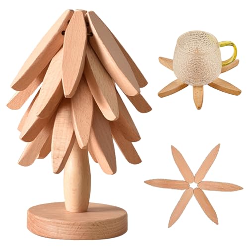 Natural Foldable Black Walnut Wooden Trivet Set - 4 Trivets + 1 Stand for Hot Dishes, Pot, Bowl, Teapot, Hot Pot Holders(Beech) - color: Beech