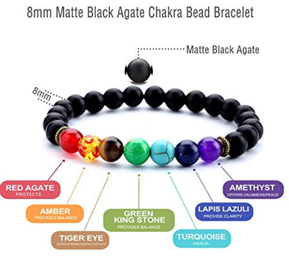 GelConnie Lava Rock Chakra Bracelet 7 Chakra 8mm Natural Stone Healing Bracelet Stress Relief Yoga Beads Anxiety Bracelet Aromatherapy Essential Oil Diffuser Bracelet Bangle - color: B-Matte Agate Elastic