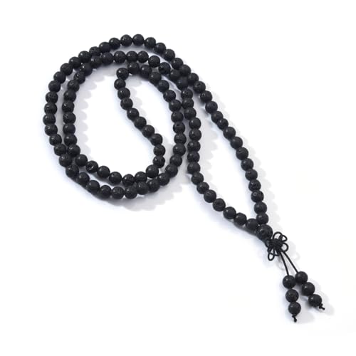 108 Mala Prayer Beads Bracelet 6mm Genuine Gemstone Healing Crystal Stone Beaded Bracelet Buddhist Tibetan Handmade Knotted Elastic Necklace for Yoga Meditation Unisex Women Men - color: Black Lava