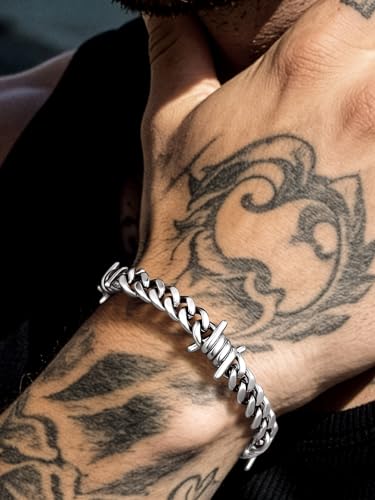 Bandmax Barbed Wire Chain Bracelets for Men Women Stainless Steel/Black/Gold Thorn Cuban Link Bracelet Adjustable Punk Emo Style Jewelry Gift - color: 01 9MM-Silver Tone