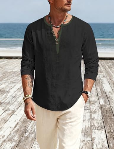 Mens Linen Shirts Henley T-Shirts Long Sleeve Tops Casual Beach T-Shirts Yoga Shirts for Men - color: Black, size: Medium