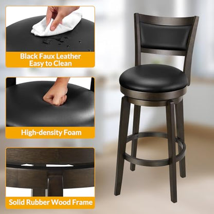 PrimeZone Swivel Bar Stools Set of 2, 26 Inch Counter Height Barstools, Black Faux Leather Bar Stool with High Backrest & Solid Wood Legs & Wrap-around Footrest, Counter Stools for Kitchen Island, Pub - size: 26" Counter Height