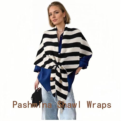 WaJuemy Pashmina Shawl Wraps for Women Cross Sweater Shawls and Wraps Cardigan Cape Front Poncho Knit Cashmere Sweater Shawl - color: 15 Black/White Stripe