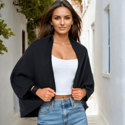 WaJuemy Shrug Sweater Shawl Wraps for Women Soft Cashmere Ponchos Sweater Cardigan Casual Open Front Top Cape Shawls - color: 01 Black