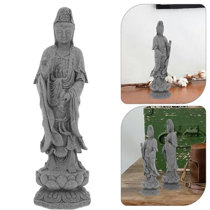 Uonlytech Avalokitesvara Buddha Statue Figurine Desktop Grey Stone Sculpture for Home Office Zen Garden Decoration Meditating Avalokitesvara Sculpture
