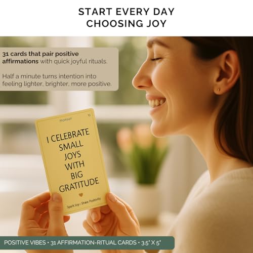 Positive Affirmation Cards with Wood Stand - 31 Daily Affirmation Cards for Women Paired with Joyful Rituals. Gifts for Friends, Birthday, Sisters and Self Care. Wooden Stand Included.