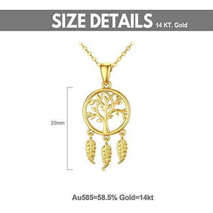 14K Gold Dream Catcher Necklace for Women, Dainty Tree of Life Necklace Birthday Gifts for Girlfriend Wife Mom Her 16+1+1 inch - color: Dream Catcher