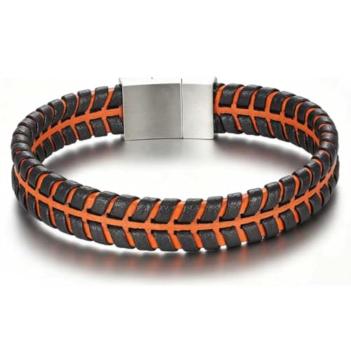 Men's Leather Bracelet, Stackable Stainless Steel Clasp Bracelets for Men Stylish Birthday, Thanksgiving, Valentine's Day Gift for My Man - style: 8.4" Orange and Black