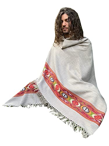 Handmade SATI Shawl Misty Grey Handwoven Wool Meditation Prayer Scarf Blanket Premium Pure Cashmere Winter Tribal Zen Embroidery Boho Handmade AJJAYA