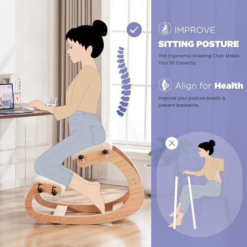 Ergonomic Kneeling Chair, Adjustable Rocking Knee Chairs for Home Office, Wooden Office Knee Chair for Back Pain Relief, Beige