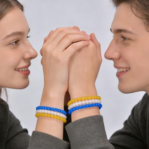 3PCS Agate Bracelet for Women Men Natural Round Beaded Agates Stone Healing Stretch Bracelets Elastic Handmade Polished Gemstone Beads Bracelet - color: Yellow+White+Blue