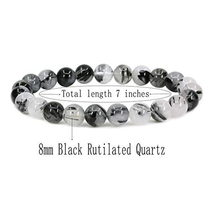 Amandastone Natural Gemstone 8mm Round Beads Stretch Bracelet 7 Inch - color: Black Rutilated Quartz