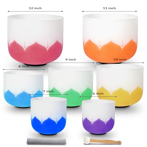 Leize 6-12 inch Lotus Design Chakra Tuned 432hz Set of 7 Quartz Crystal Singing Bowls with Heavy Duty Carrying Cases and Singing Bowl Mallet Suede Strikers - color: lotus design, size: Set of 7, 6-12", A-G Note, 432 hz