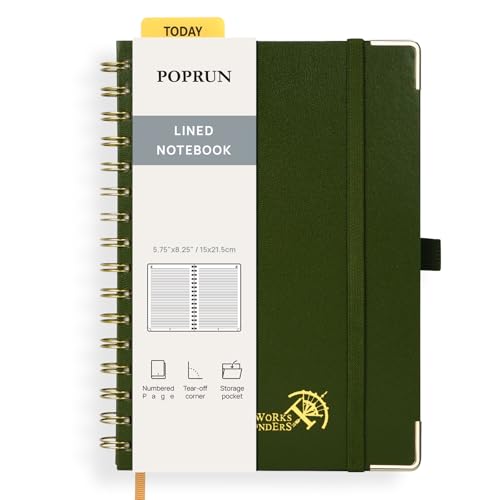 POPRUN Lined Spiral Journal Notebook for Women & Men, A5 Notebooks College Ruled, 141 Pages, Hardcover Notebooks for Work Note Taking, Journals for Writing, Journaling, 5.75'' x 8.25'', Olive - color: Olive, size: 5.75 x 8.25 inches