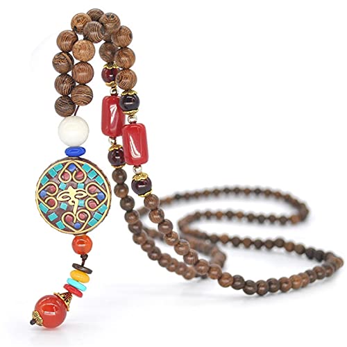 Wooden Bead Necklace Multicolor Bead Charms Elephant Fish Pendant Necklace Boho Handmade Nepal Mala Wood Beads Meditation Prayer Necklace for Women Men Jewelry-A