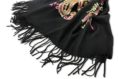 Urban CoCo Women's Embroidered Oversize Tassel Shawl Scarf Wraps for Women - color: #1-black