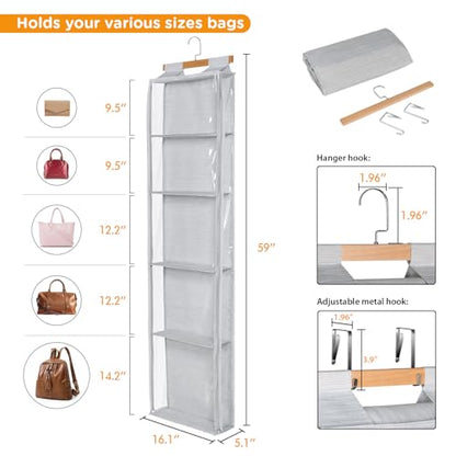 Hanging Handbag Purse Organizer with Zippers, 5 Mesh Shelves,Clear Slubbed Fabric+PVC Hanging Closet Bag Organizer, Dustproof Handbag Closet Tote Storage Bag for Door, Wardrobe, Shelf Rack