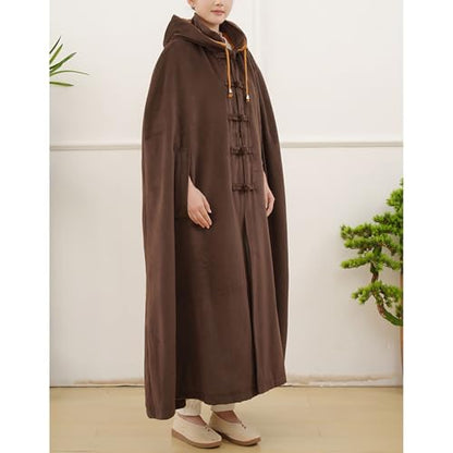 Meditation Hooded Cloak Loose-Fit Comfortable Warm Fleece Prayer Robe Women Men Oversize Button Capes Coat - color: Coffee, size: Large