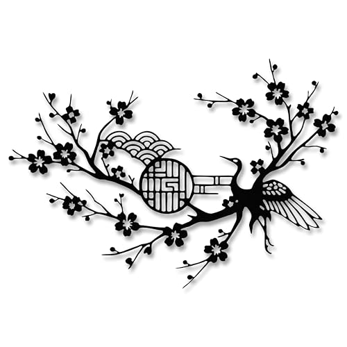 YATEASLU Japanese Wall Art Cherry Blossom & Crane - Metal Heron Wall Decor, Zen Nature Inspired Art for Living Room, Bedroom, Office - Tranquil Asian Home Decor - color: Crane