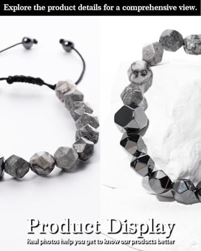 Beaded Bracelet for Men, 10mm Natural Stones Bracelet for Men's Gift, Adjustable Precision-Cut Gemstone Crystal Healing Bracelet, Protection Jewelry Gift with Hematite, Tiger Eye - style: Map Stone & Hematite
